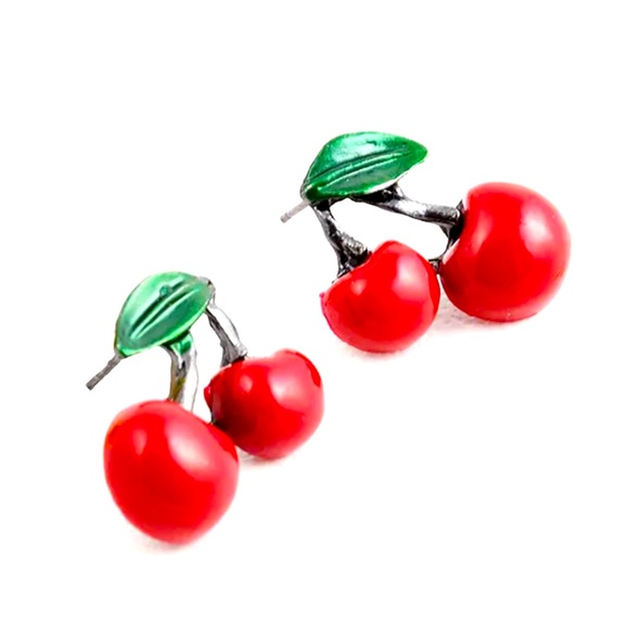 NWT. Betsy Johnson. Red Green Enameled Cherries jewelry Set(Necklace/Earrings) - Picture 6 of 8